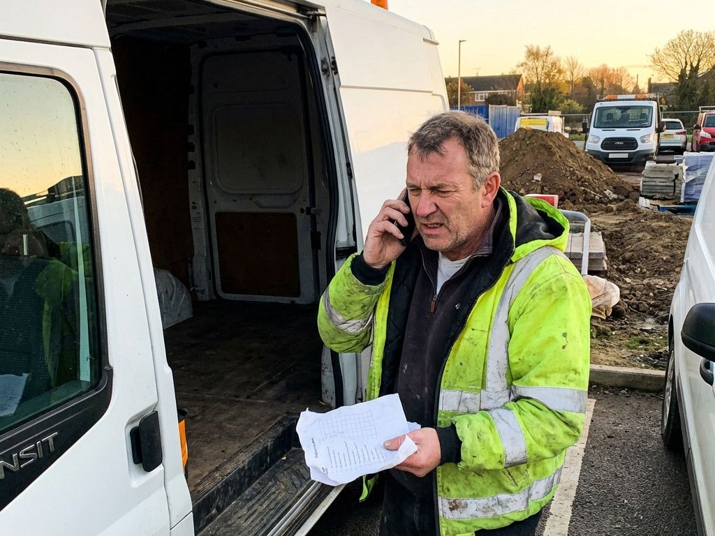 Materiaal zoeken op de werf, met de lijst in de hand